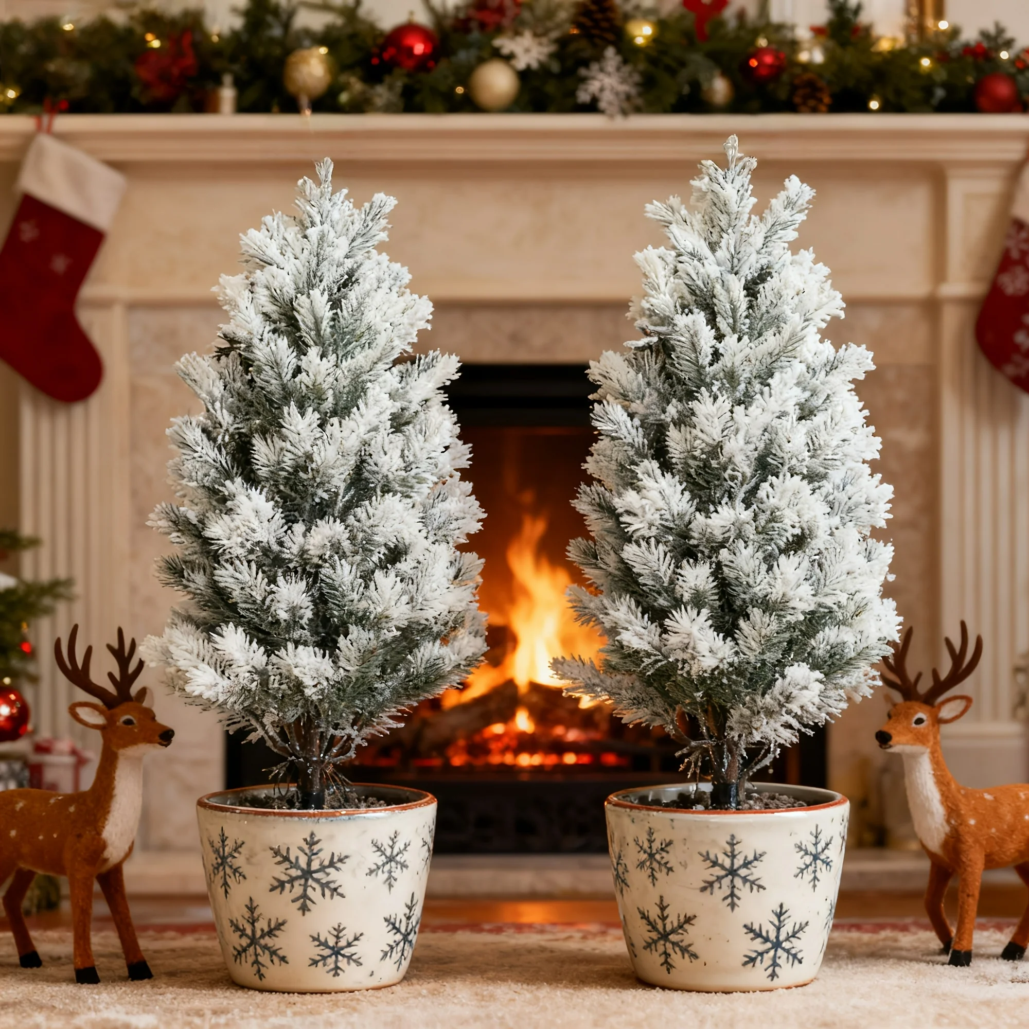 2 Artificial Pine Trees: Outdoor/Indoor Evergreen Shrubs with Ground Stakes
