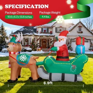 7FT Inflatable LED Santa Claus Reindeers W/ Sleigh Christmas Yard Decoration
