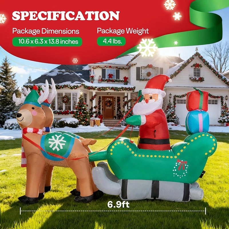7FT Inflatable LED Santa Claus Reindeers W/ Sleigh Christmas Yard Decoration